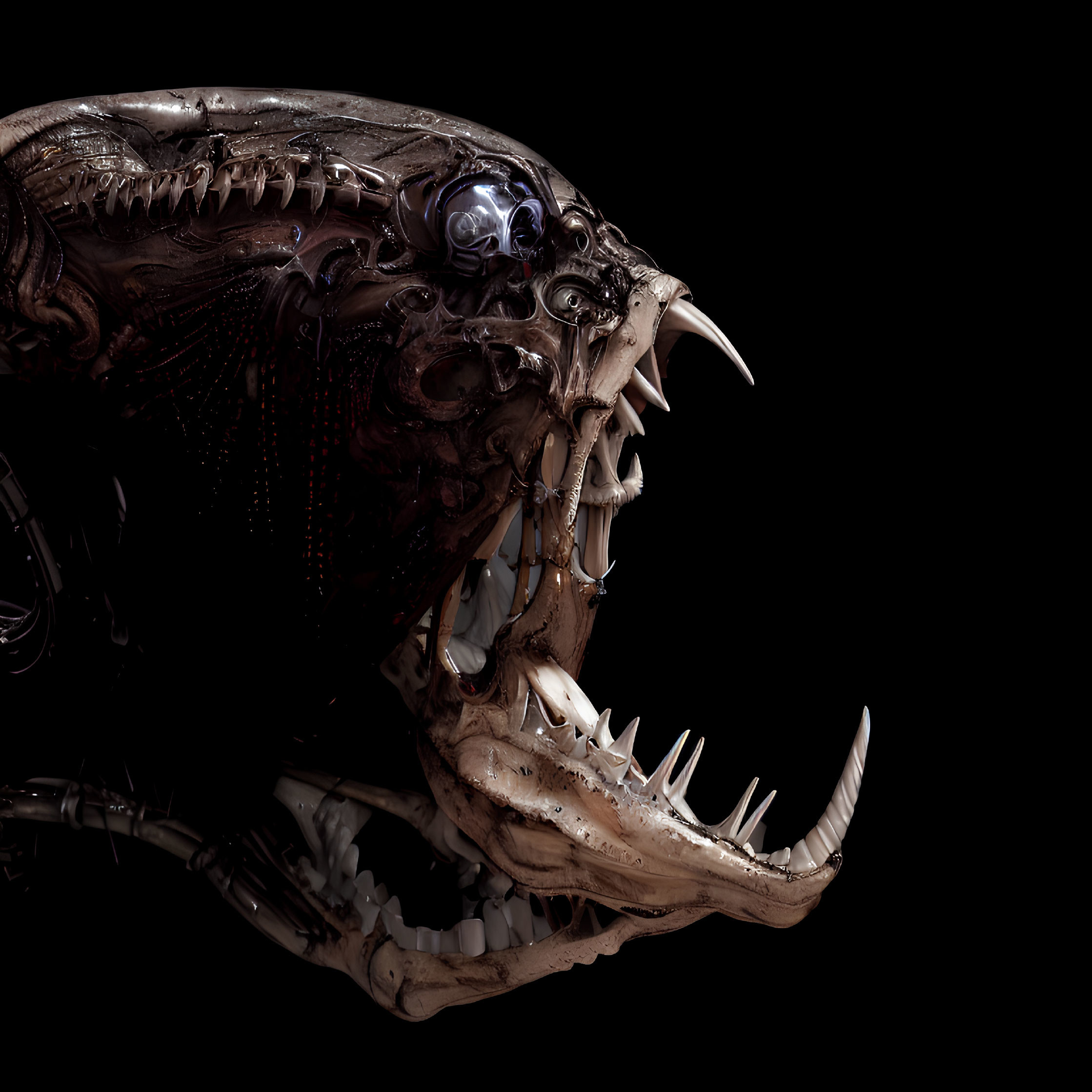 Detailed biomechanical creature with sharp teeth and metallic components on dark background