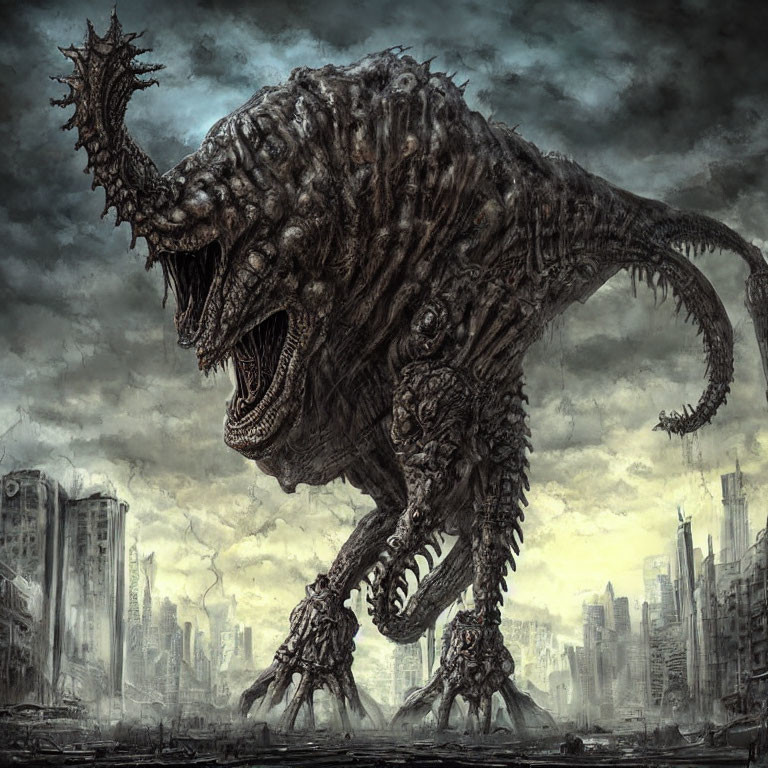 Monstrous creature with tusks and scales in devastated cityscape under stormy sky