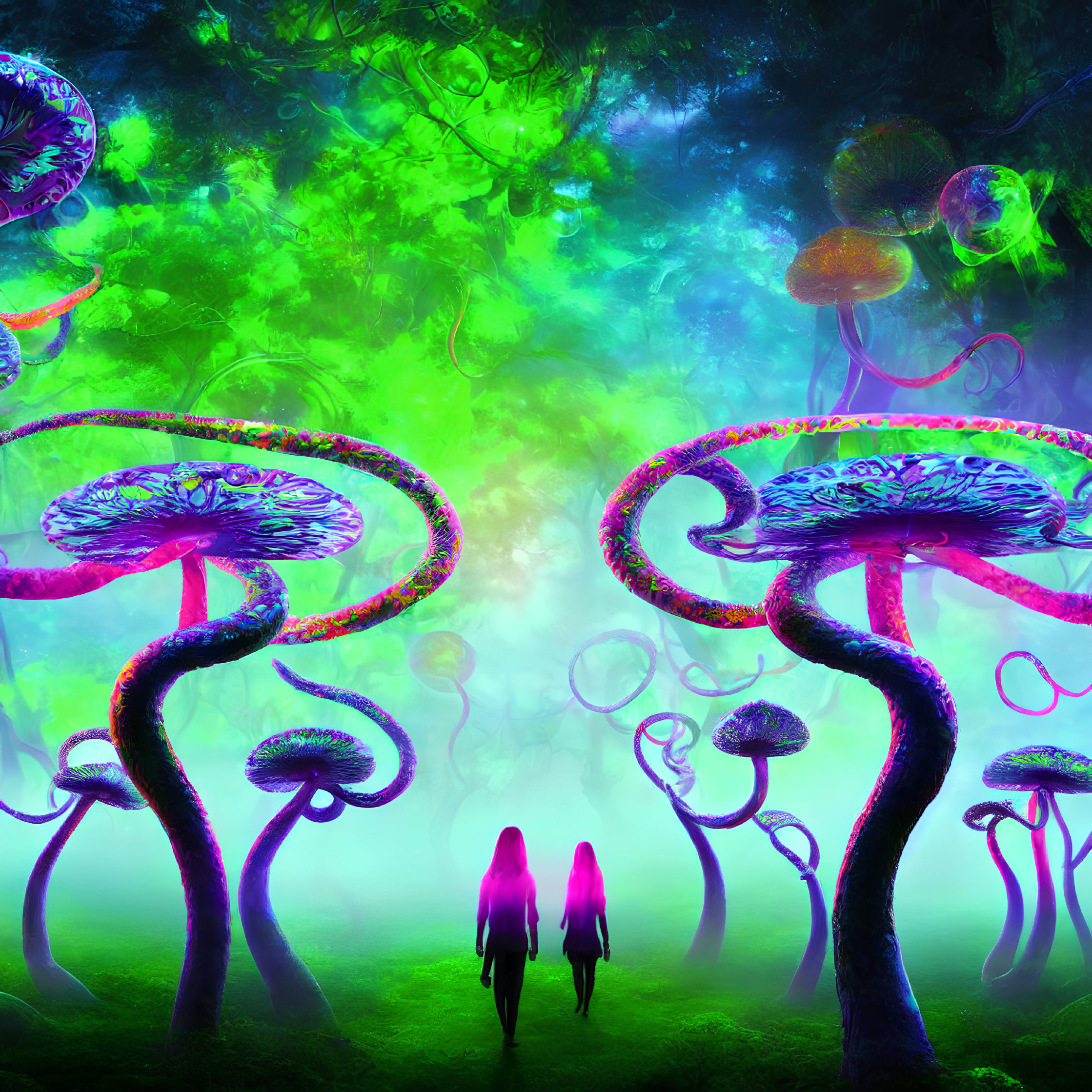 Enchanted forest with glowing trees and jellyfish, silhouetted figures approaching