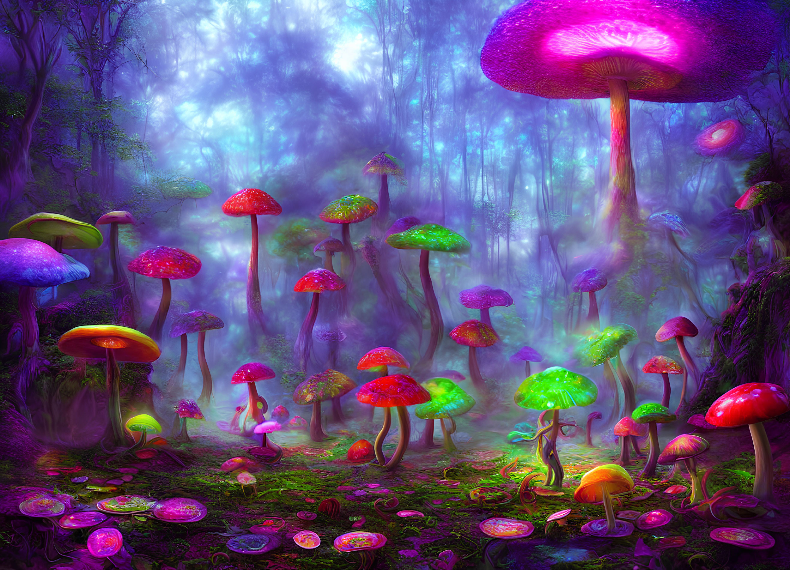 Colorful oversized mushrooms in mystical forest under purple-tinted sky