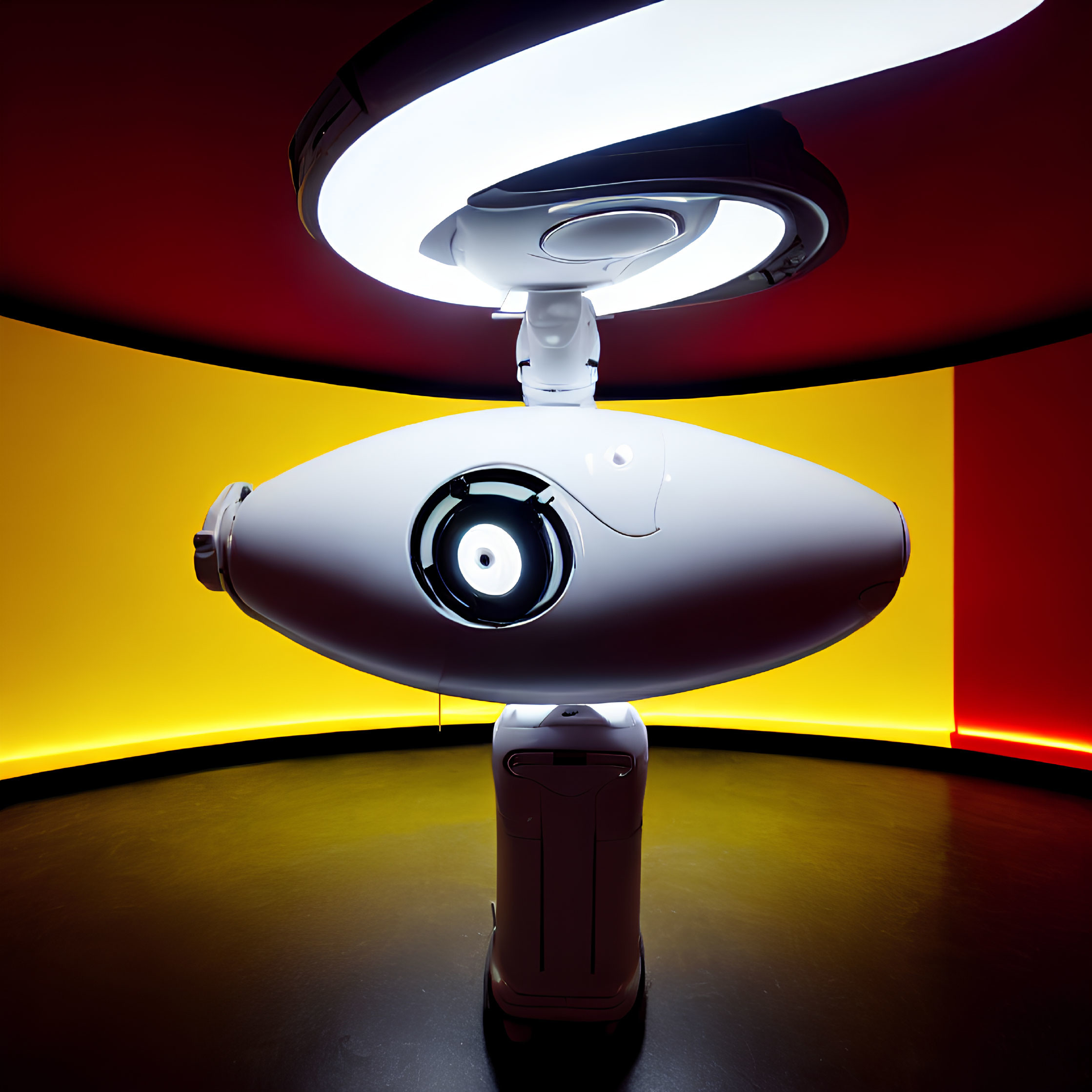 Futuristic white and black device in room with red and yellow lighting