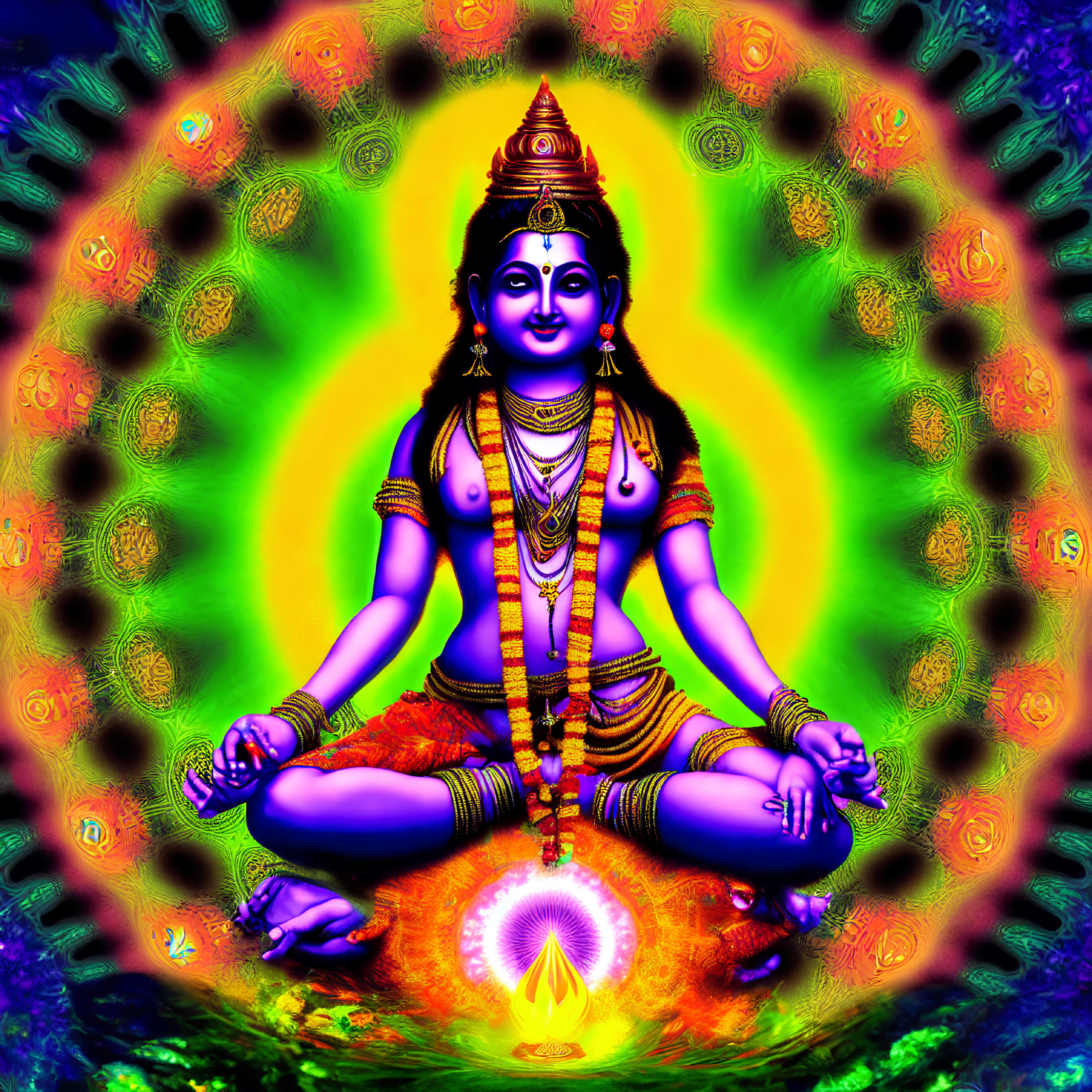 Vivid psychedelic deity meditation illustration