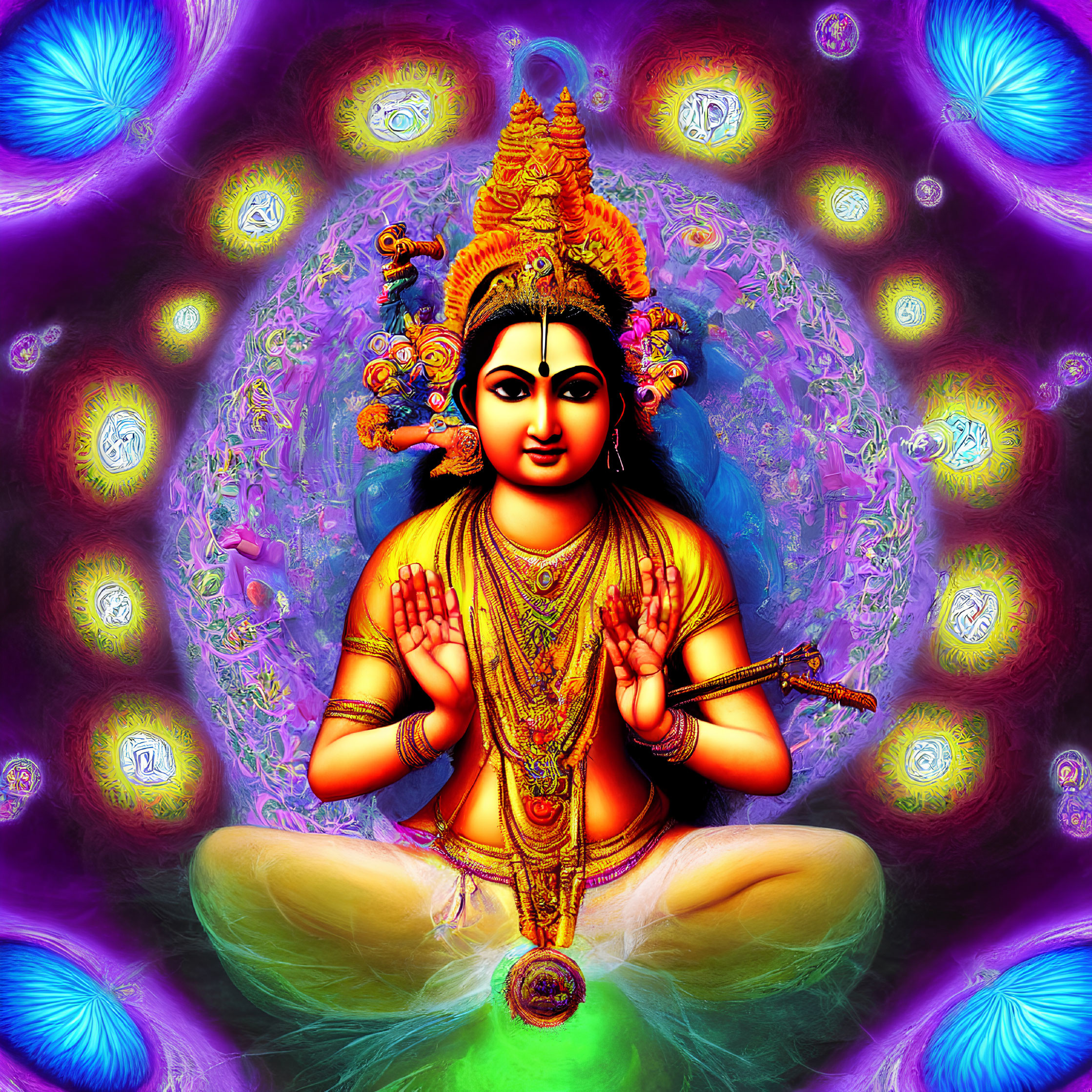 Colorful Psychedelic Illustration of Four-Armed Figure in Lotus Position