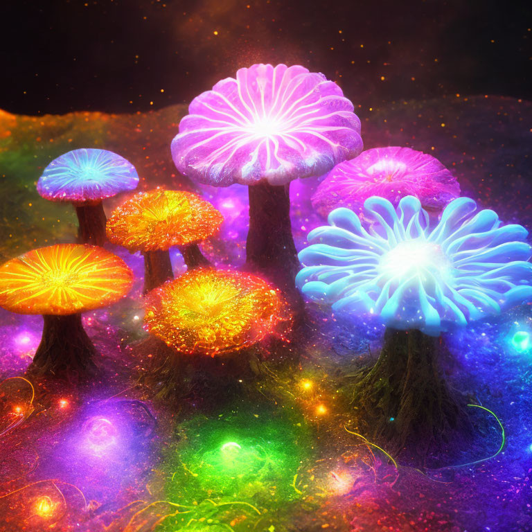 Colorful Glowing Mushrooms on Starry Background
