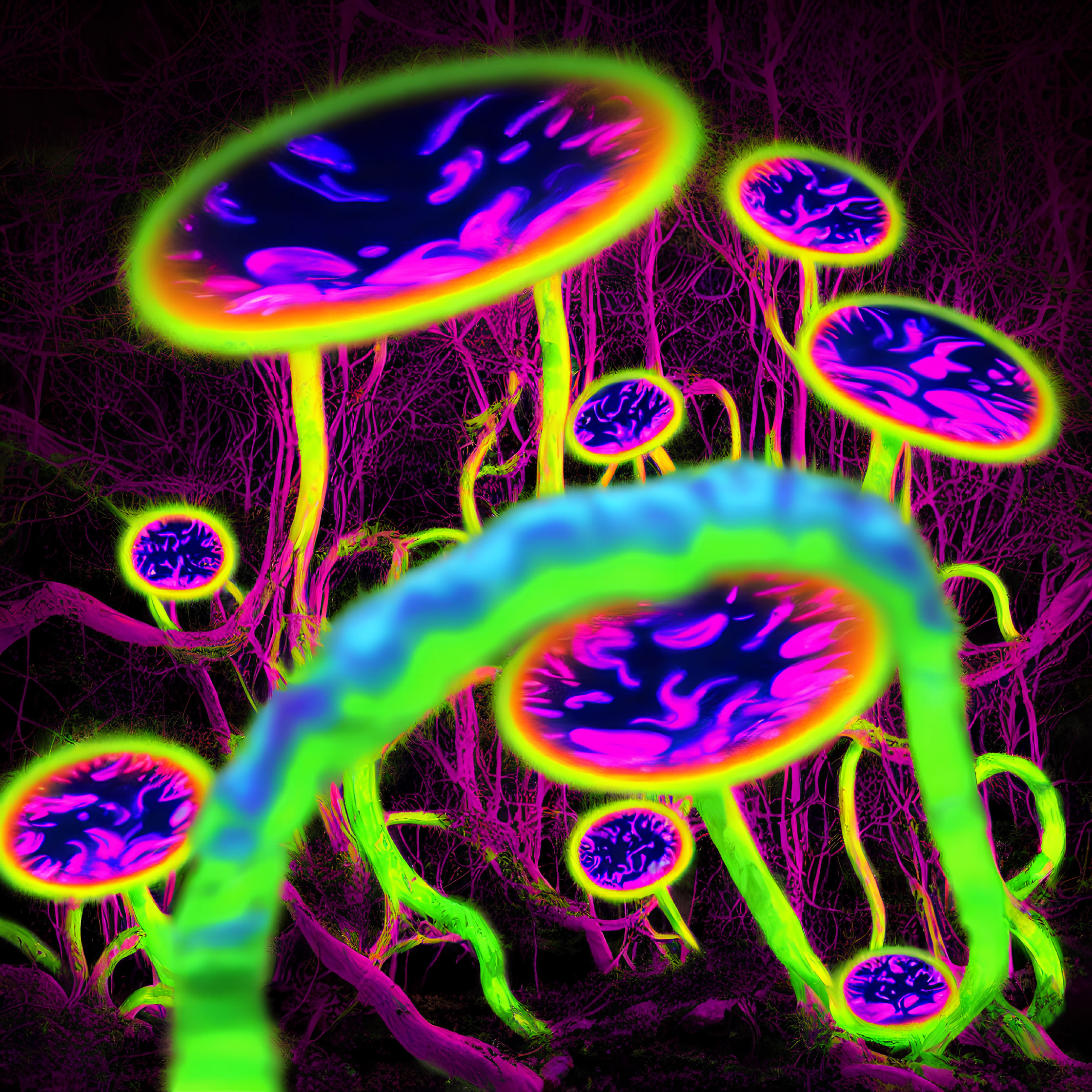 Neon-colored mushroom-like forms on dark background