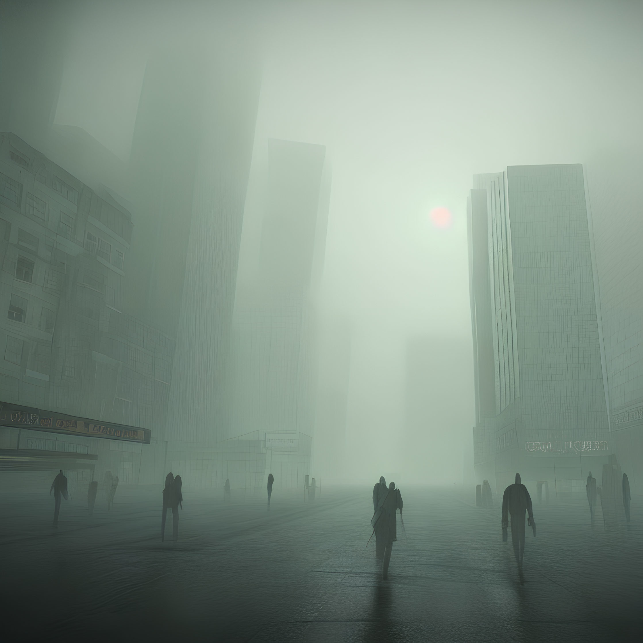 Obscured skyscrapers in misty cityscape with silhouetted figures