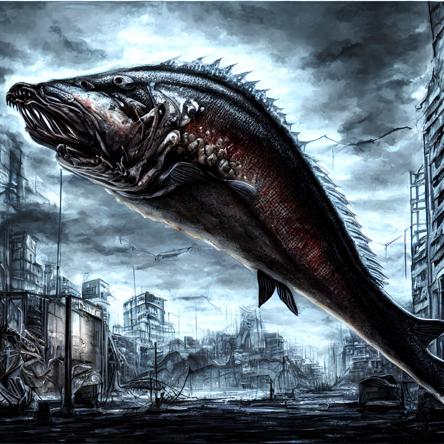 Giant fish with sharp teeth in post-apocalyptic cityscape under stormy sky