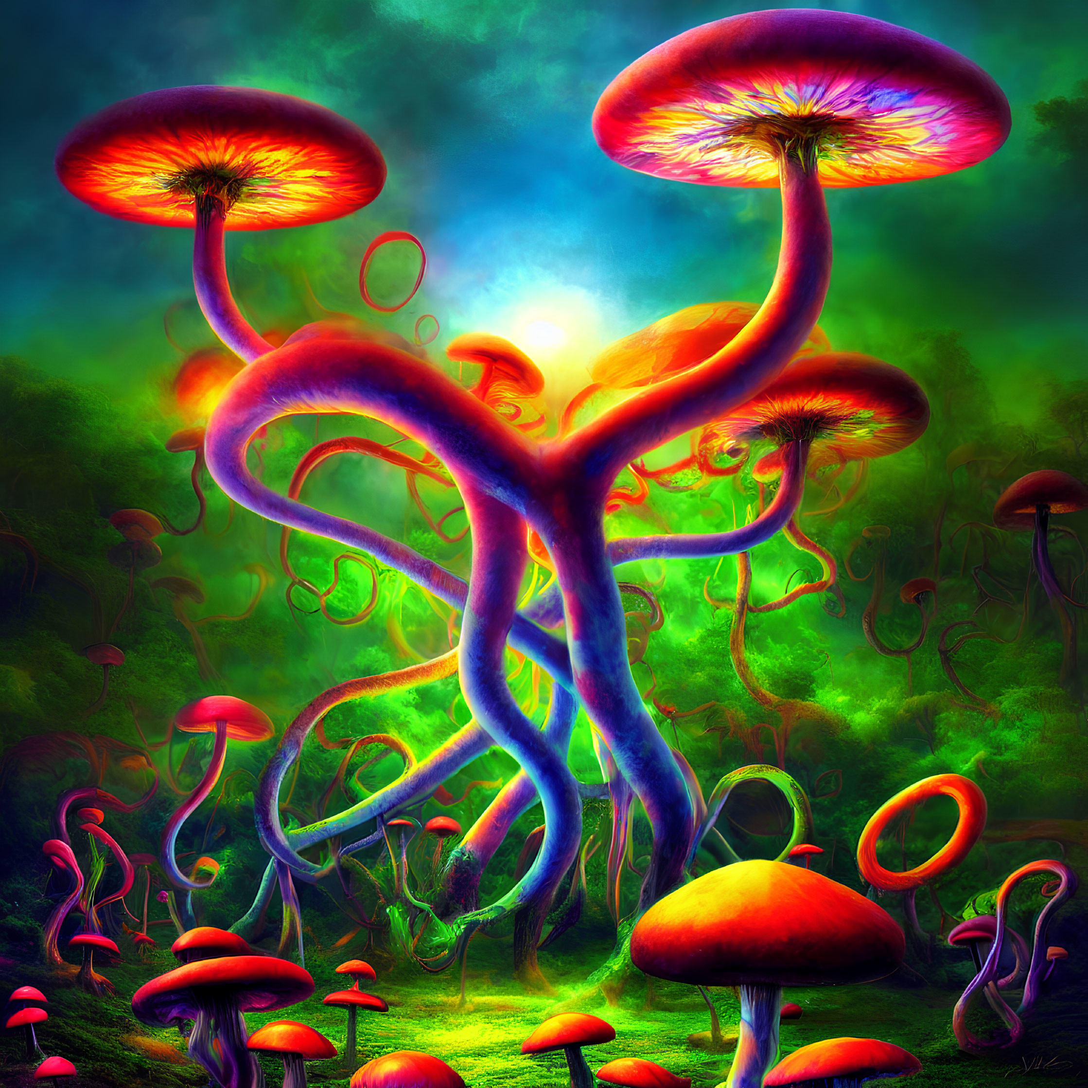 Colorful Mushrooms and Tendrils in Fantasy Landscape