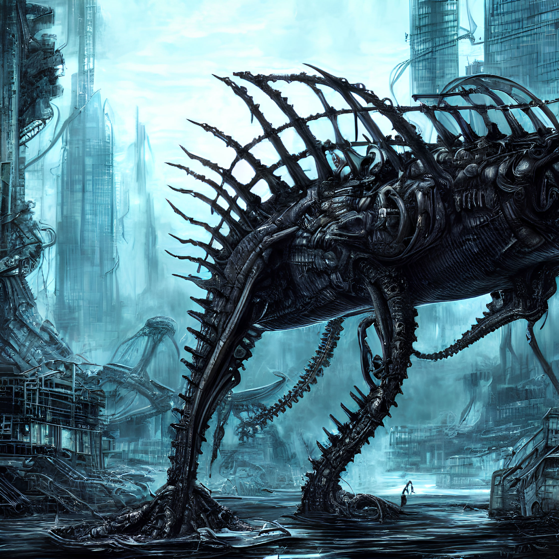 Giant biomechanical creature in futuristic cityscape with human figure