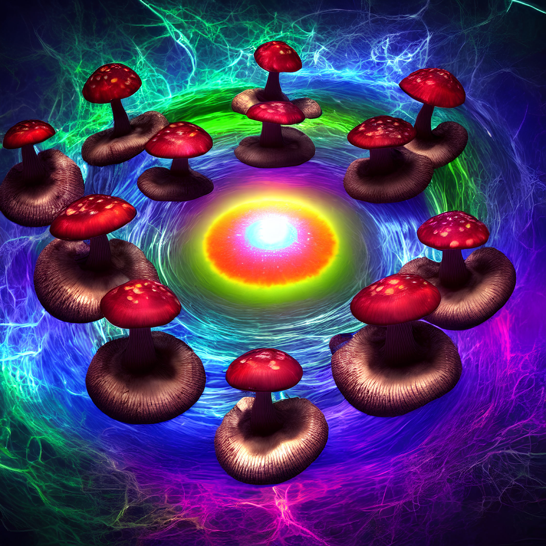 Colorful digital artwork: Red mushrooms encircle glowing orb with neon fractals.