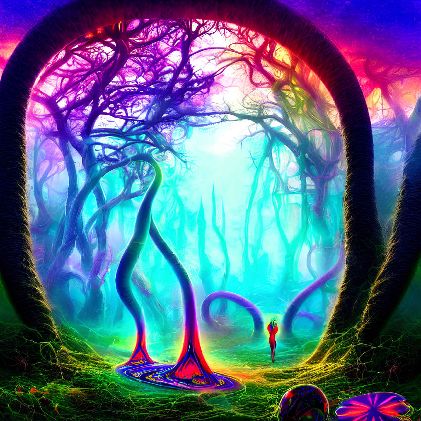Colorful surreal forest with twisted trees and neon hues
