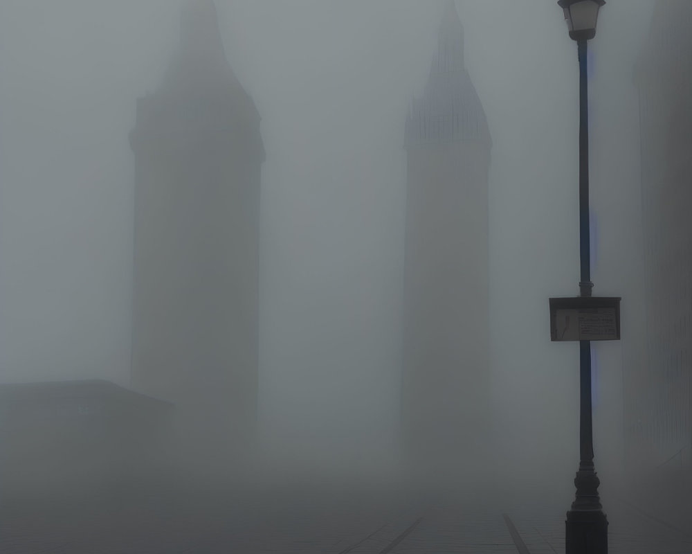 Foggy street scene with obscured towers and streetlamp