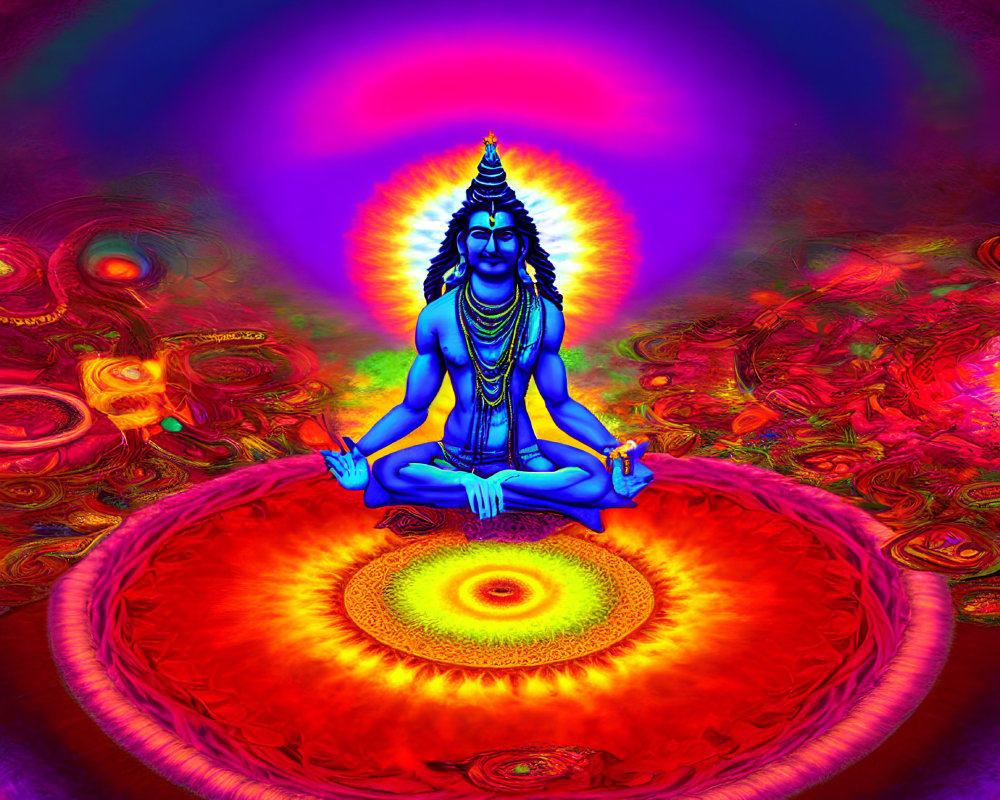 Colorful psychedelic deity meditating with glowing aura in intricate backdrop