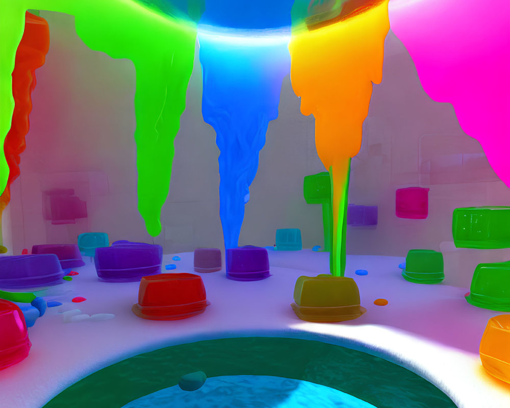 Vibrant liquid drips create surreal scene with translucent blocks