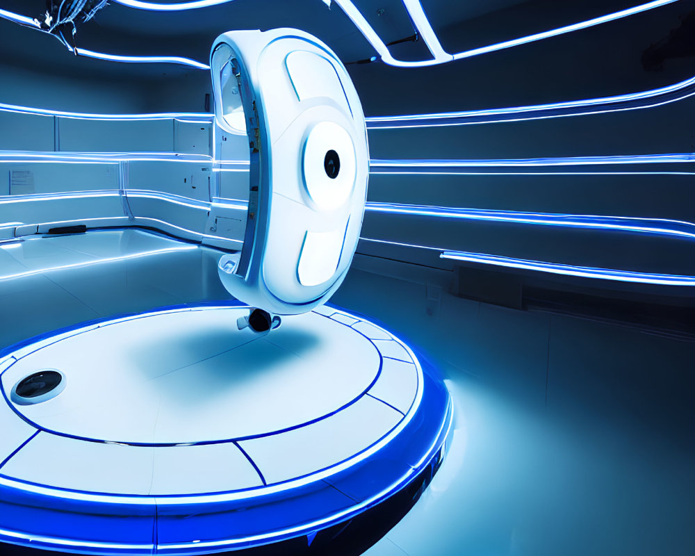Circular MRI machine in futuristic medical imaging room with blue neon lights