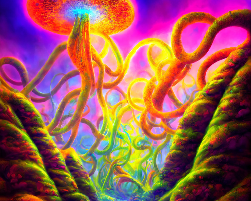 Colorful Psychedelic Landscape with Glowing Jellyfish Entity