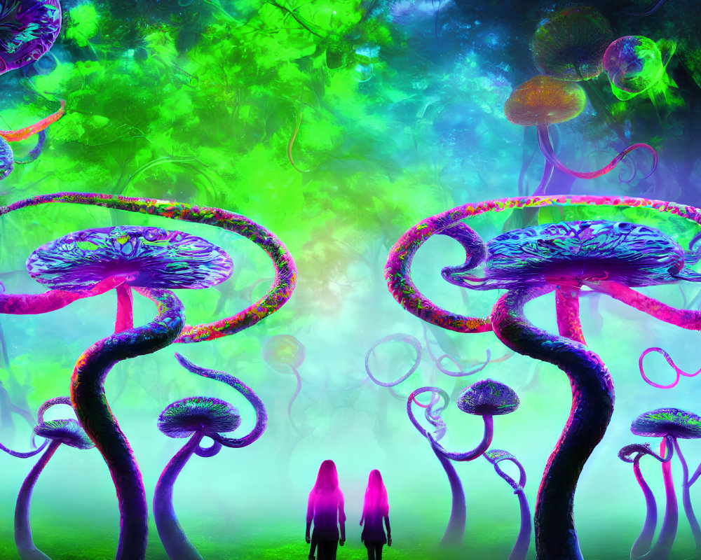 Enchanted forest with glowing trees and jellyfish, silhouetted figures approaching