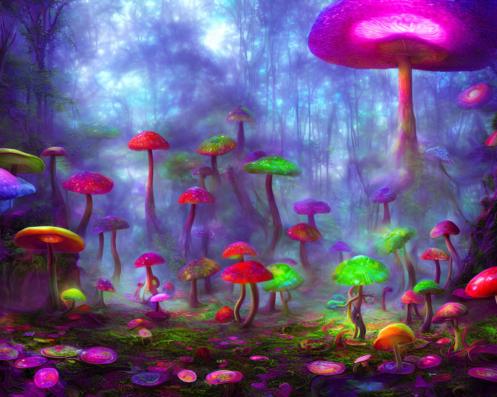Colorful oversized mushrooms in mystical forest under purple-tinted sky