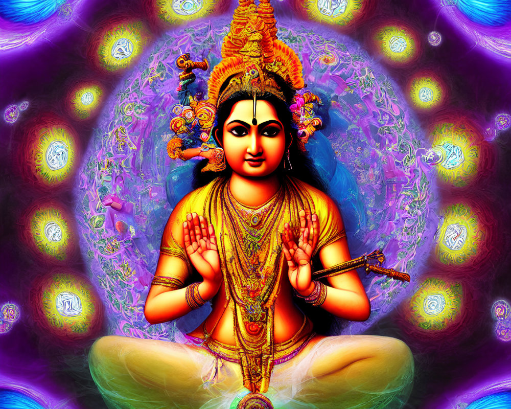 Colorful Psychedelic Illustration of Four-Armed Figure in Lotus Position