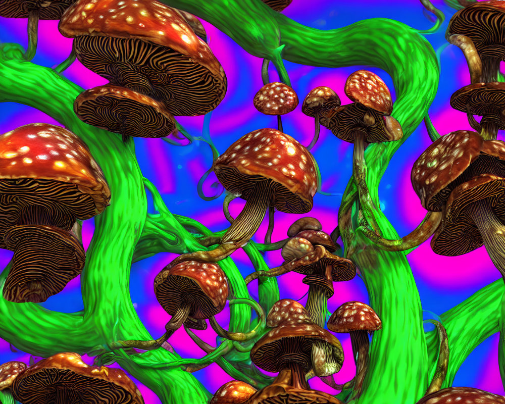 Colorful digital artwork: Psychedelic mushrooms on green stalks against neon background