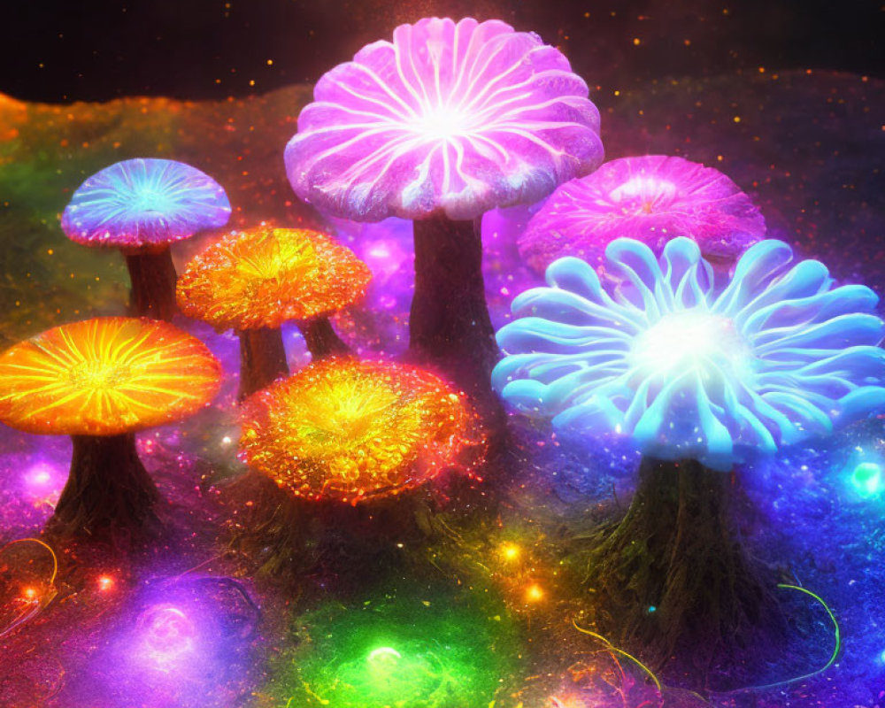 Colorful Glowing Mushrooms on Starry Background