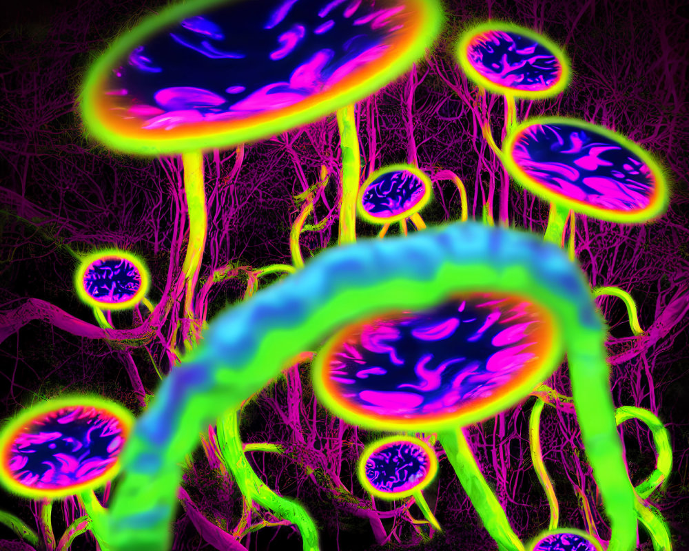 Neon-colored mushroom-like forms on dark background