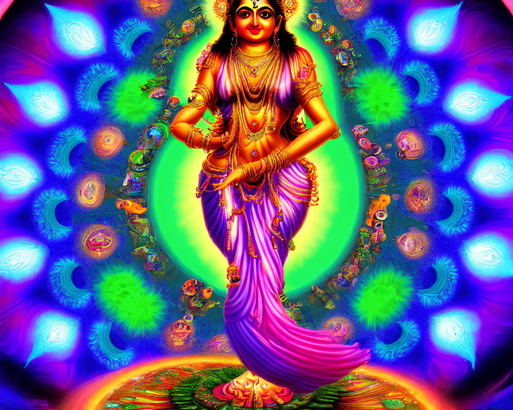 Vibrant four-armed deity on lotus against psychedelic background