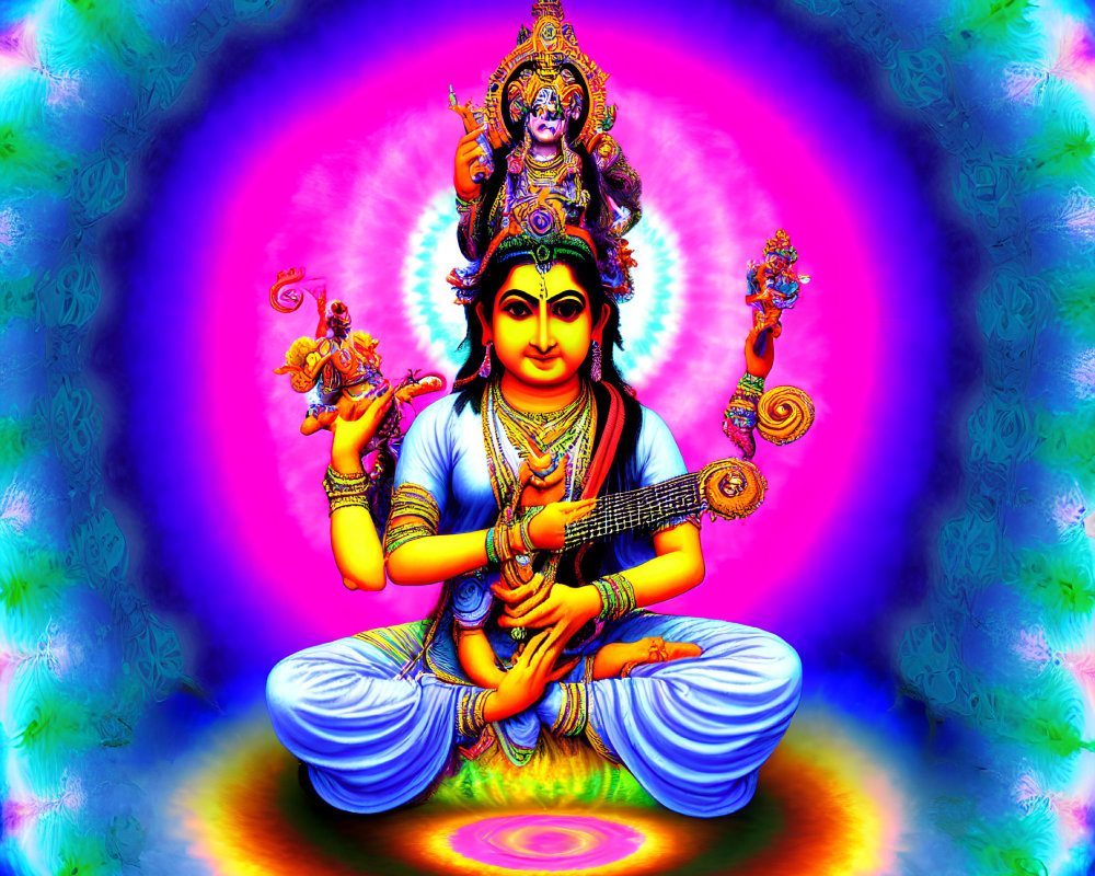 Colorful multi-armed deity on lotus against mandala backdrop