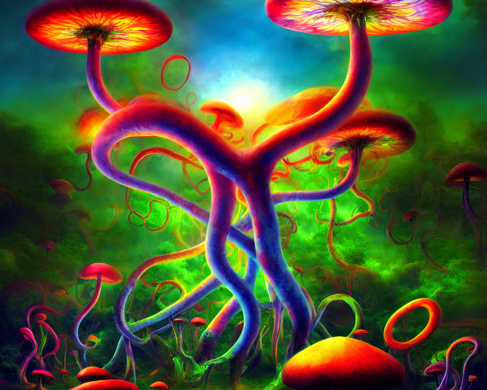 Colorful Mushrooms and Tendrils in Fantasy Landscape