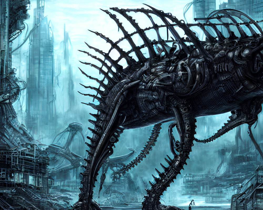 Giant biomechanical creature in futuristic cityscape with human figure