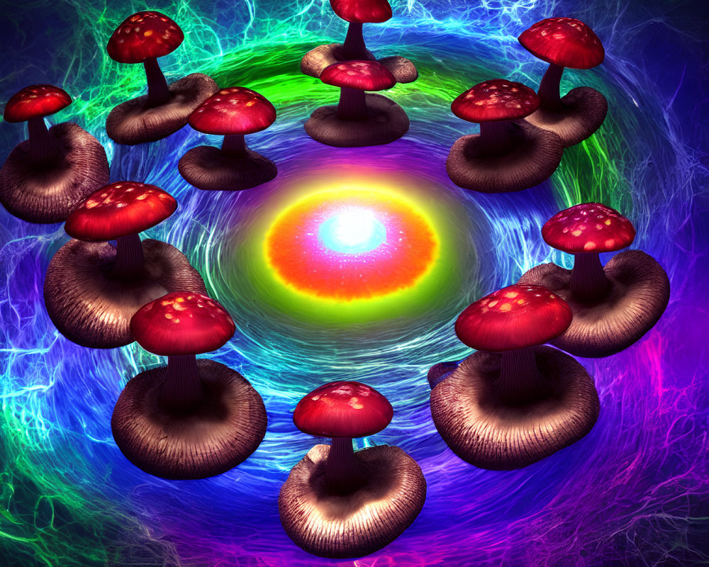Colorful digital artwork: Red mushrooms encircle glowing orb with neon fractals.