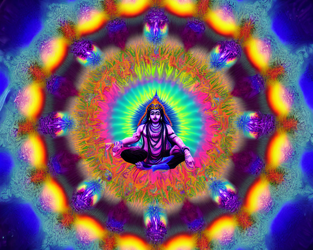 Colorful digital artwork: Shiva-like figure in mandala meditation