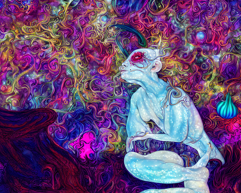 Colorful Psychedelic Illustration of Blue-Skinned Creature in Thought