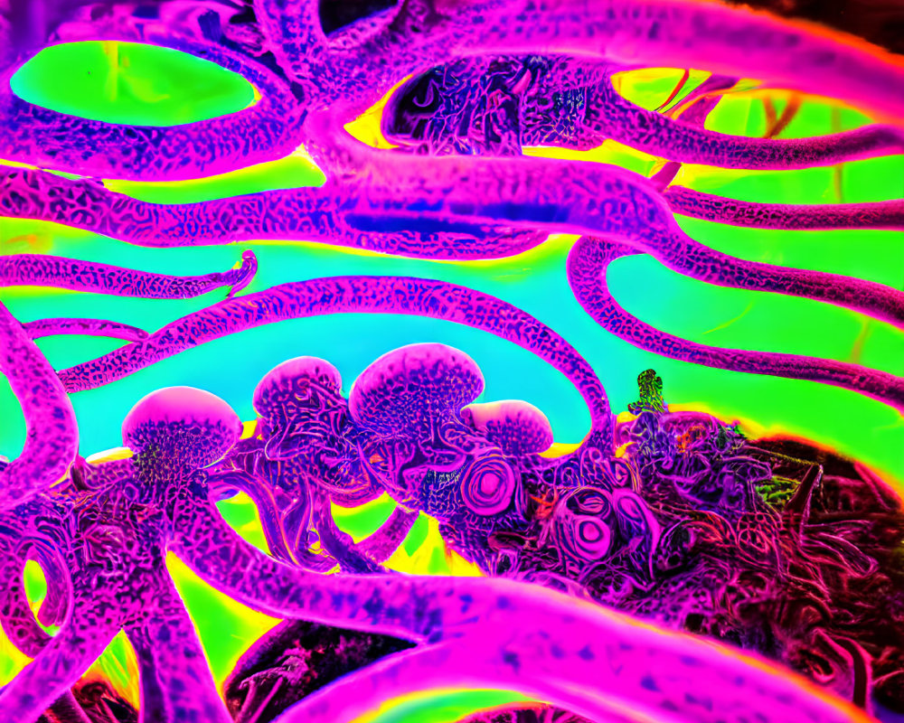 Psychedelic neon colors in intricate tentacle-like pattern