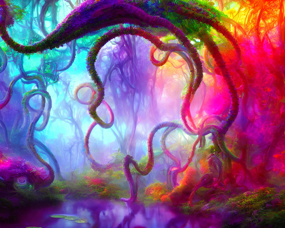 Colorful Twisted Trees in Mystical Fantasy Forest