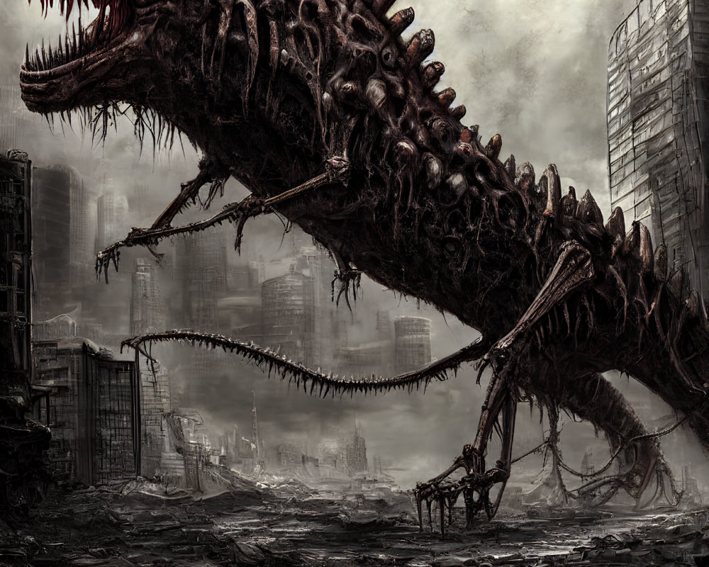 Monstrous creature with sharp teeth in post-apocalyptic cityscape