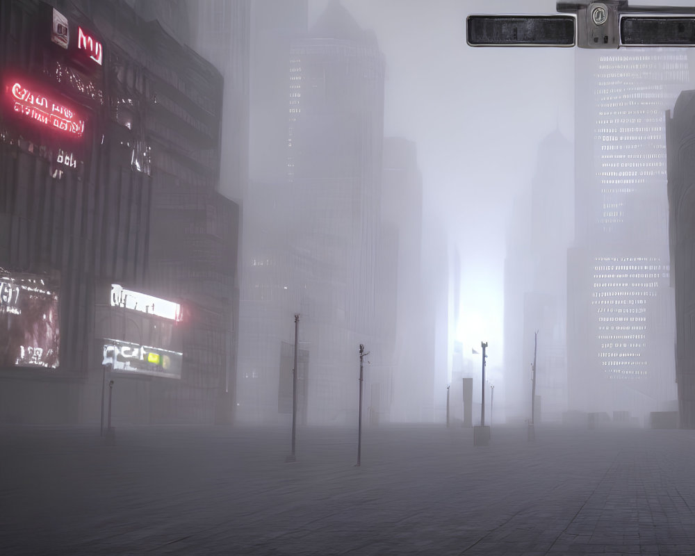 Foggy cityscape with street lights and illuminated billboards in soft glow