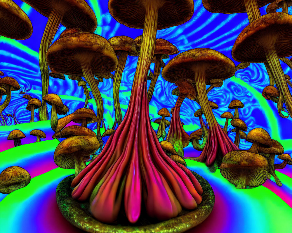 Colorful Digital Artwork: Stylized Mushrooms on Psychedelic Background