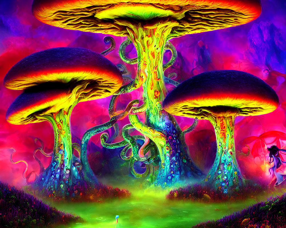 Colorful Psychedelic Mushroom Illustration in Fantasy Forest