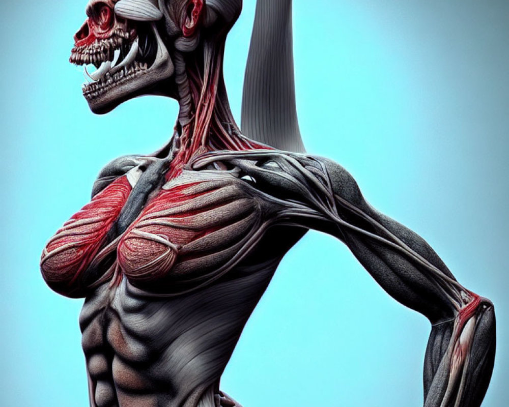 Humanoid Figure with Half Skeletal Face and Muscular System in 3D Illustration