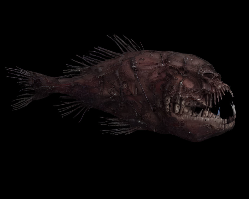 Grotesque deep-sea fish with sharp teeth and spiny fins on black background