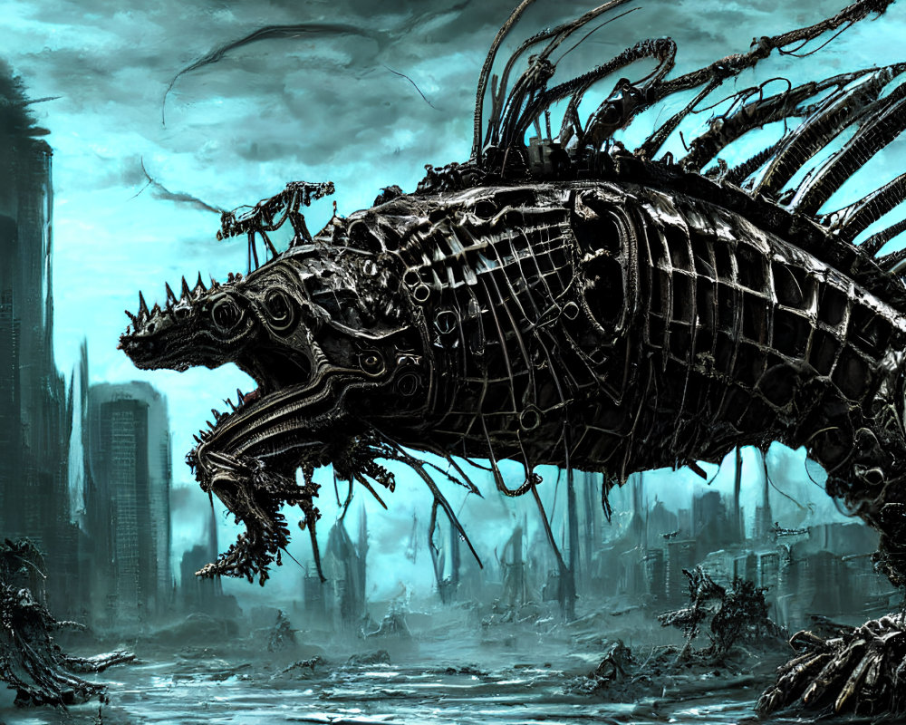 Enormous mechanical lizard in dystopian landscape with ruins.