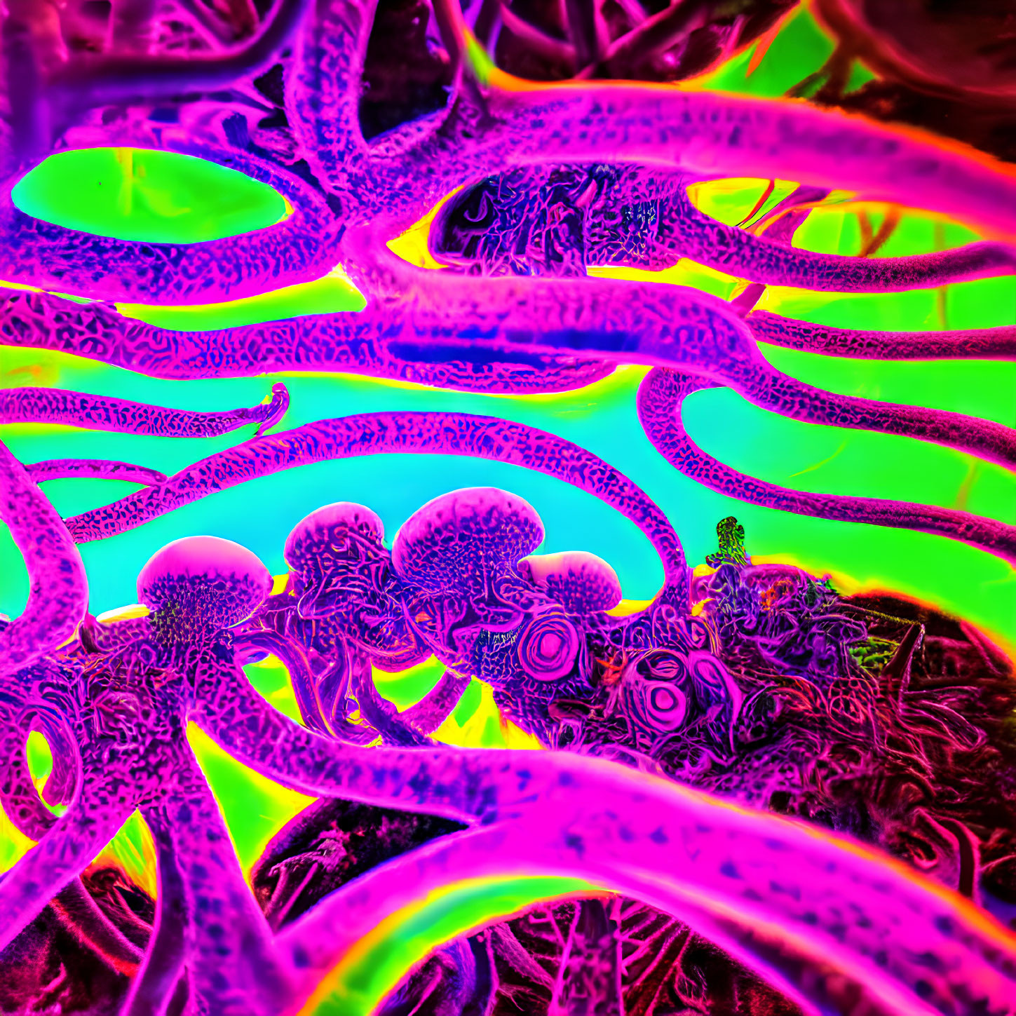 Psychedelic neon colors in intricate tentacle-like pattern