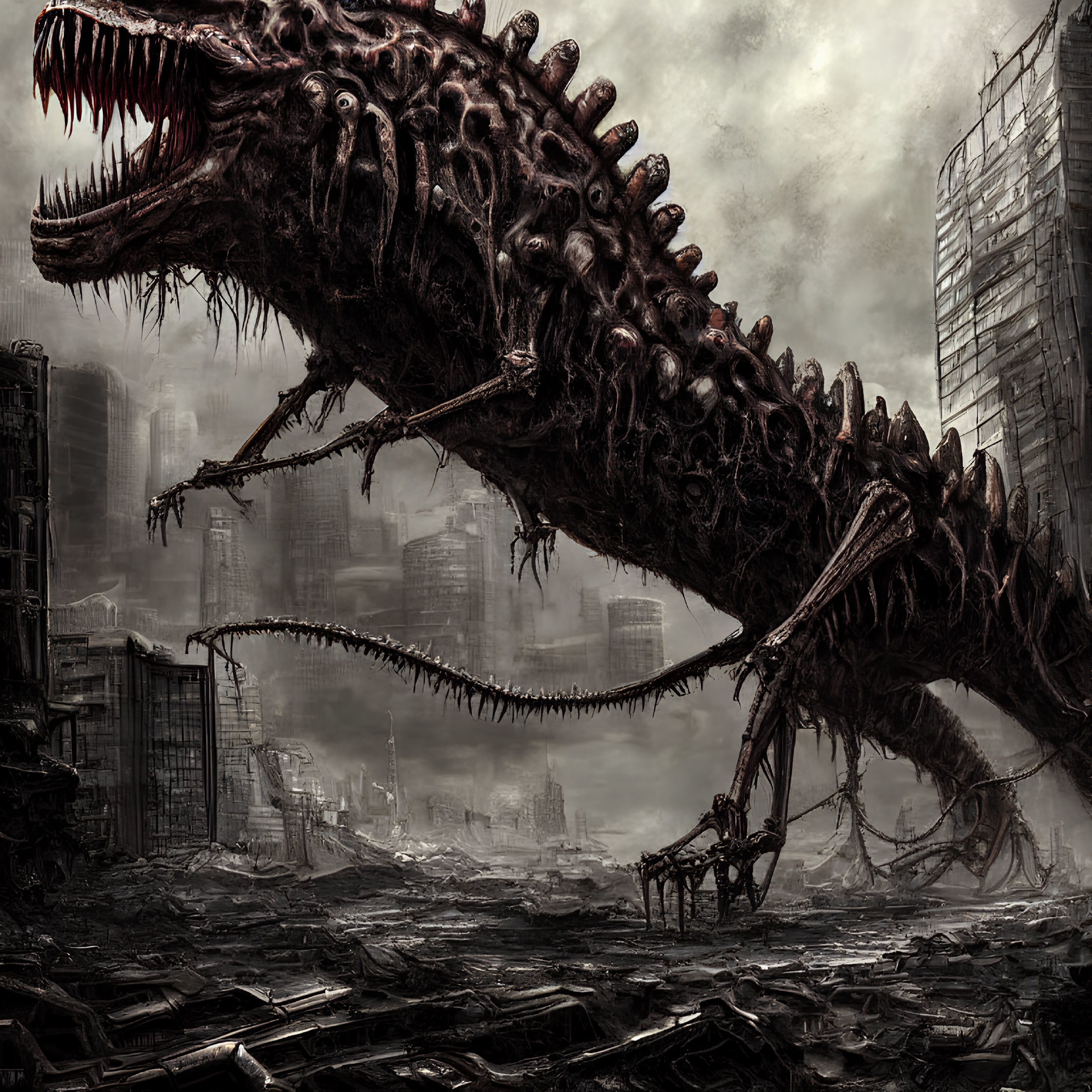 Monstrous creature with sharp teeth in post-apocalyptic cityscape
