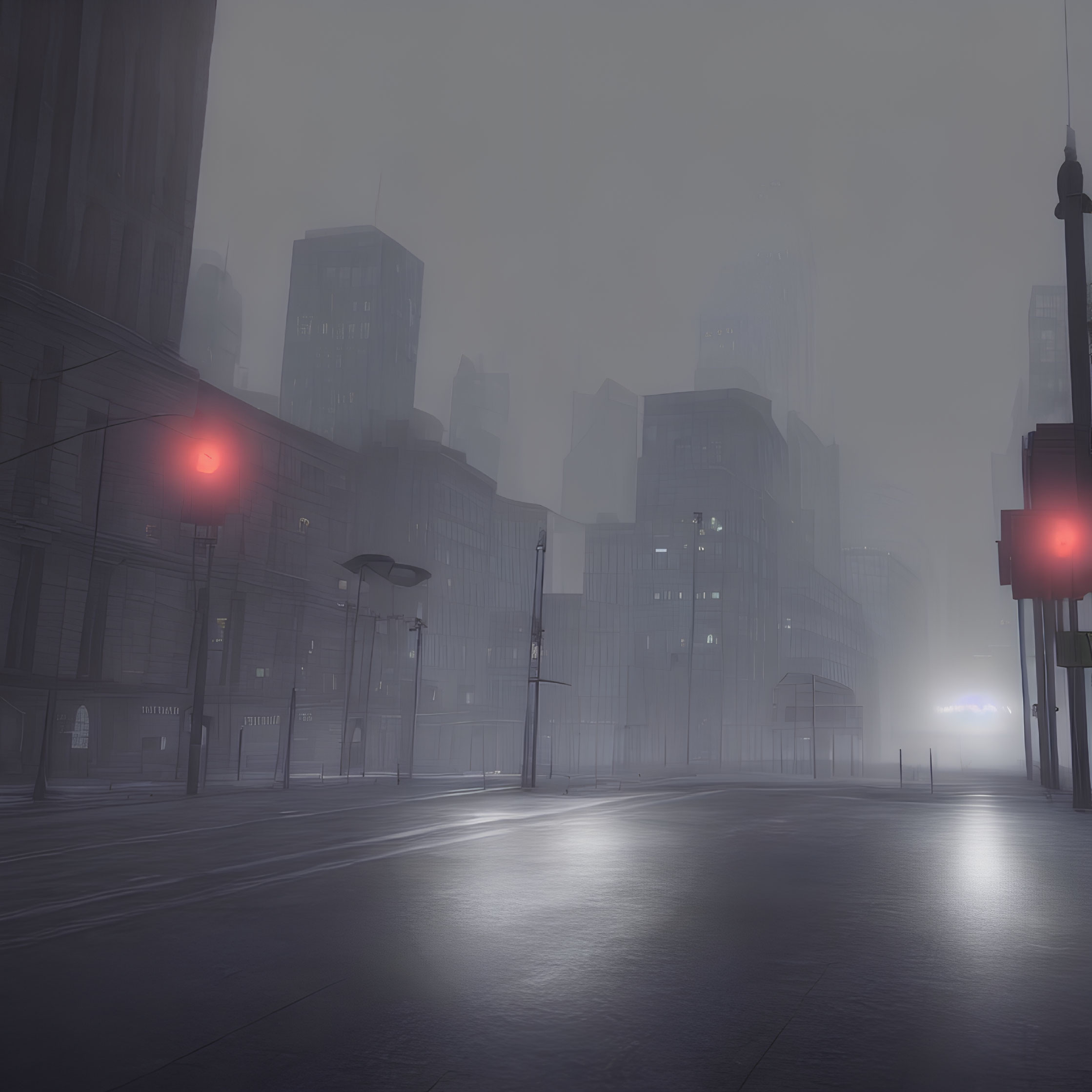 Deserted city street at twilight with red traffic lights and foggy atmosphere.