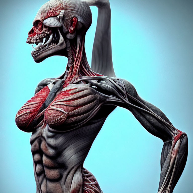 Humanoid Figure with Half Skeletal Face and Muscular System in 3D Illustration