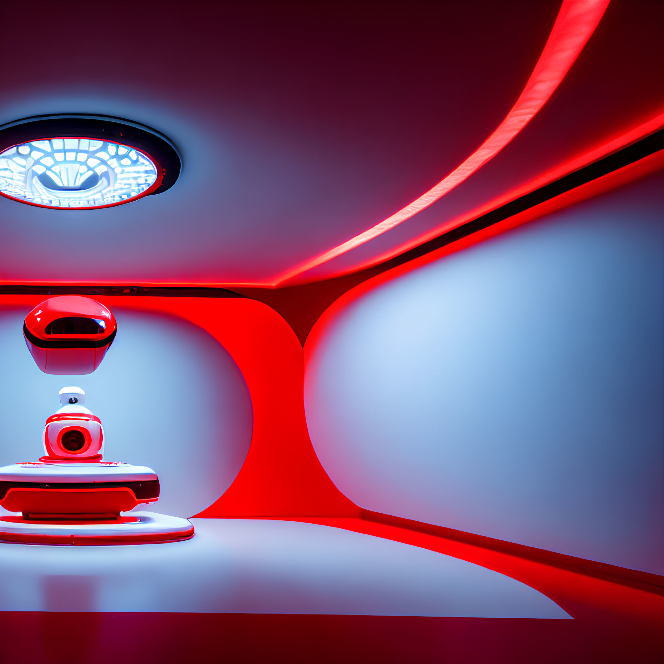 Futuristic Red and White Interior with Surveillance Camera and Ceiling Light