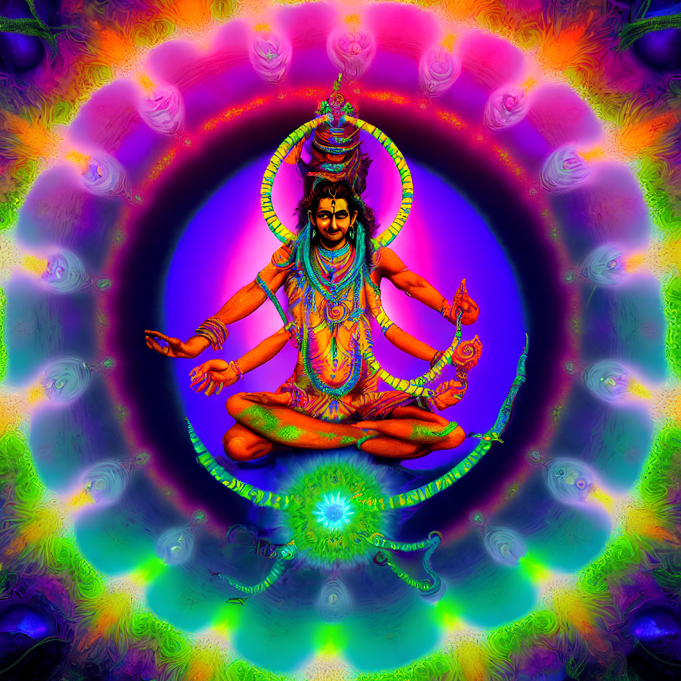 Colorful digital artwork of meditative figure with multiple arms and traditional adornments in psychedelic setting.