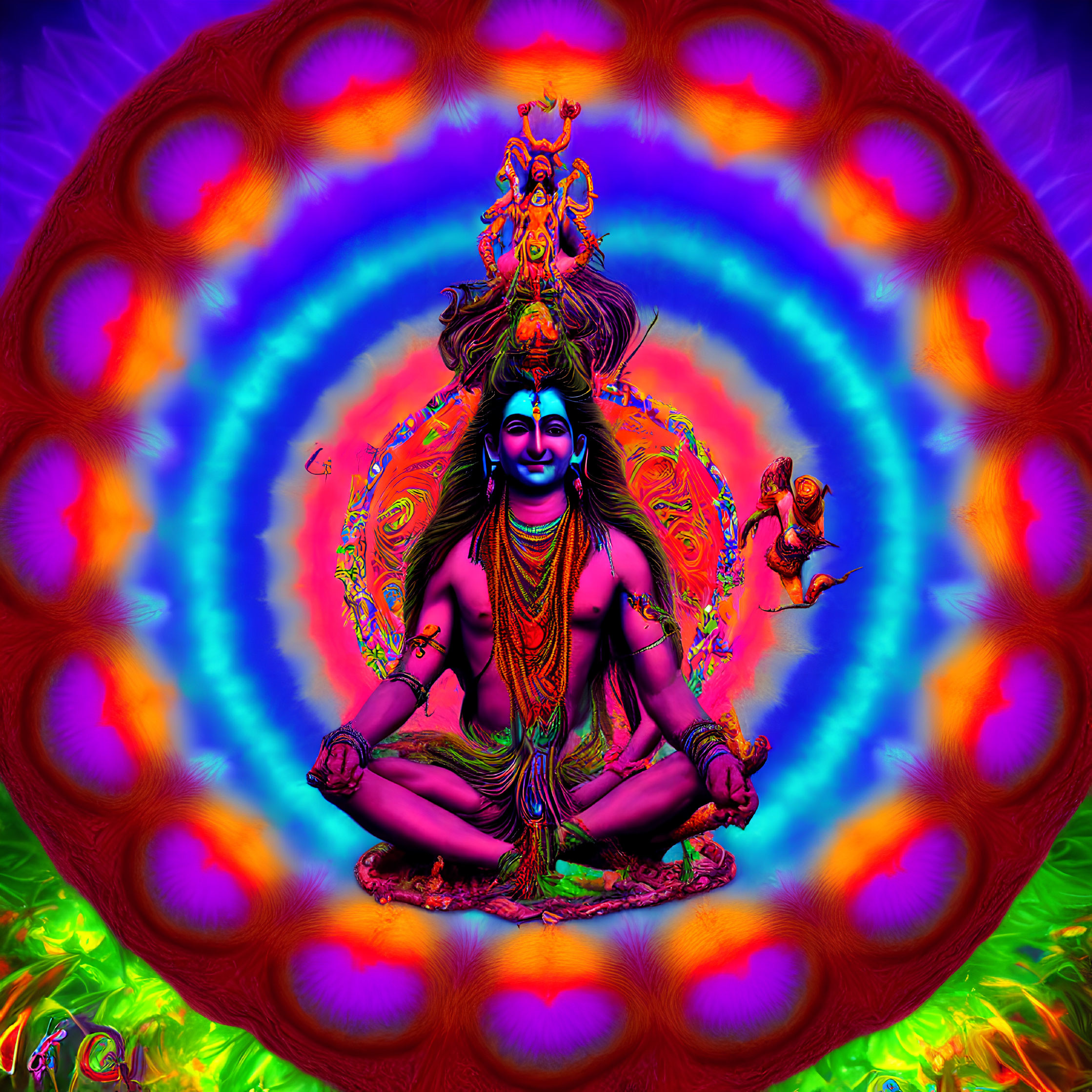 Colorful digital art: Lord Shiva meditating with psychedelic patterns and Hanuman figure