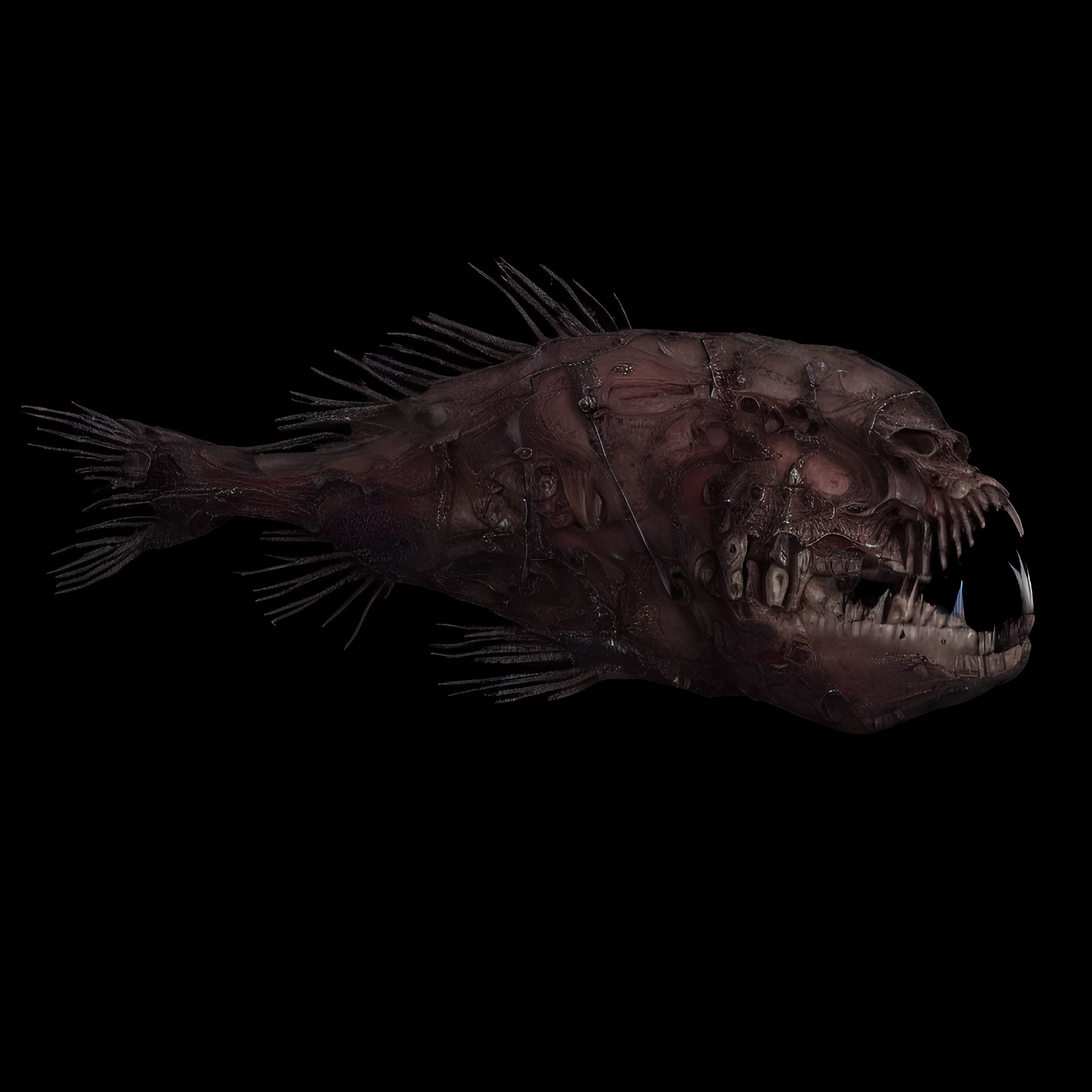 Grotesque deep-sea fish with sharp teeth and spiny fins on black background